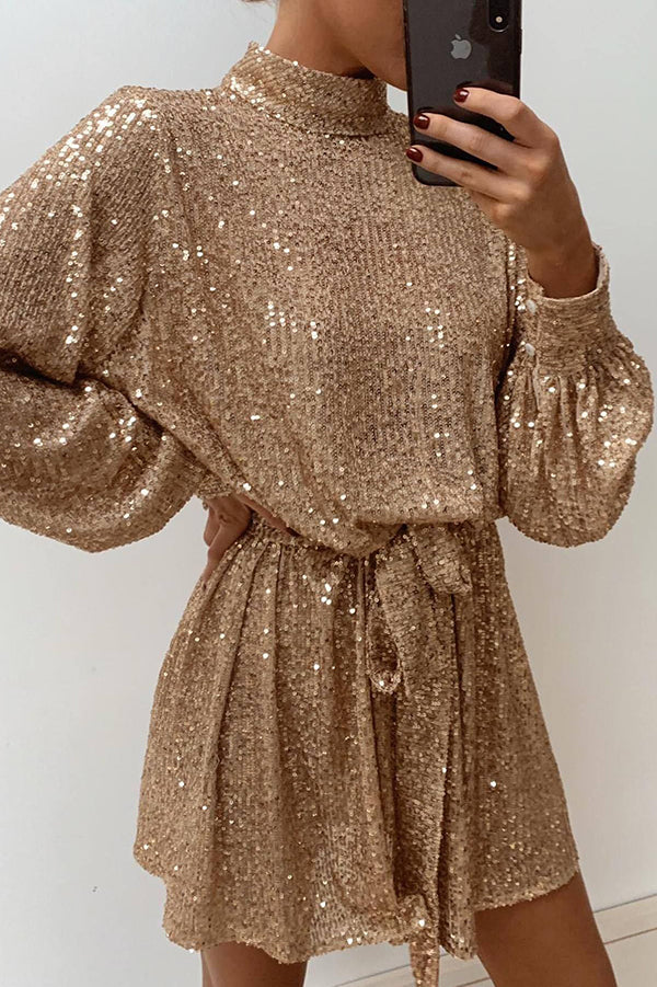 Sequined Long-sleeved Belted Casual Mini Dress