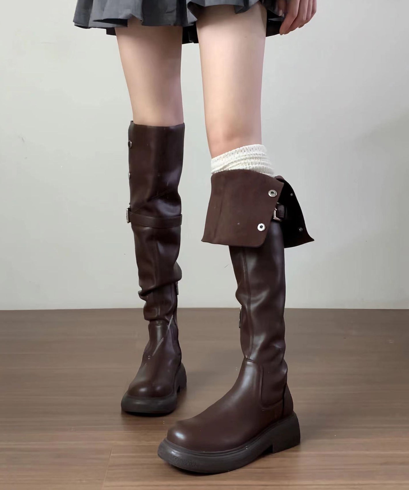 New Versatile Brown Faux Leather Splicing Knee Boots