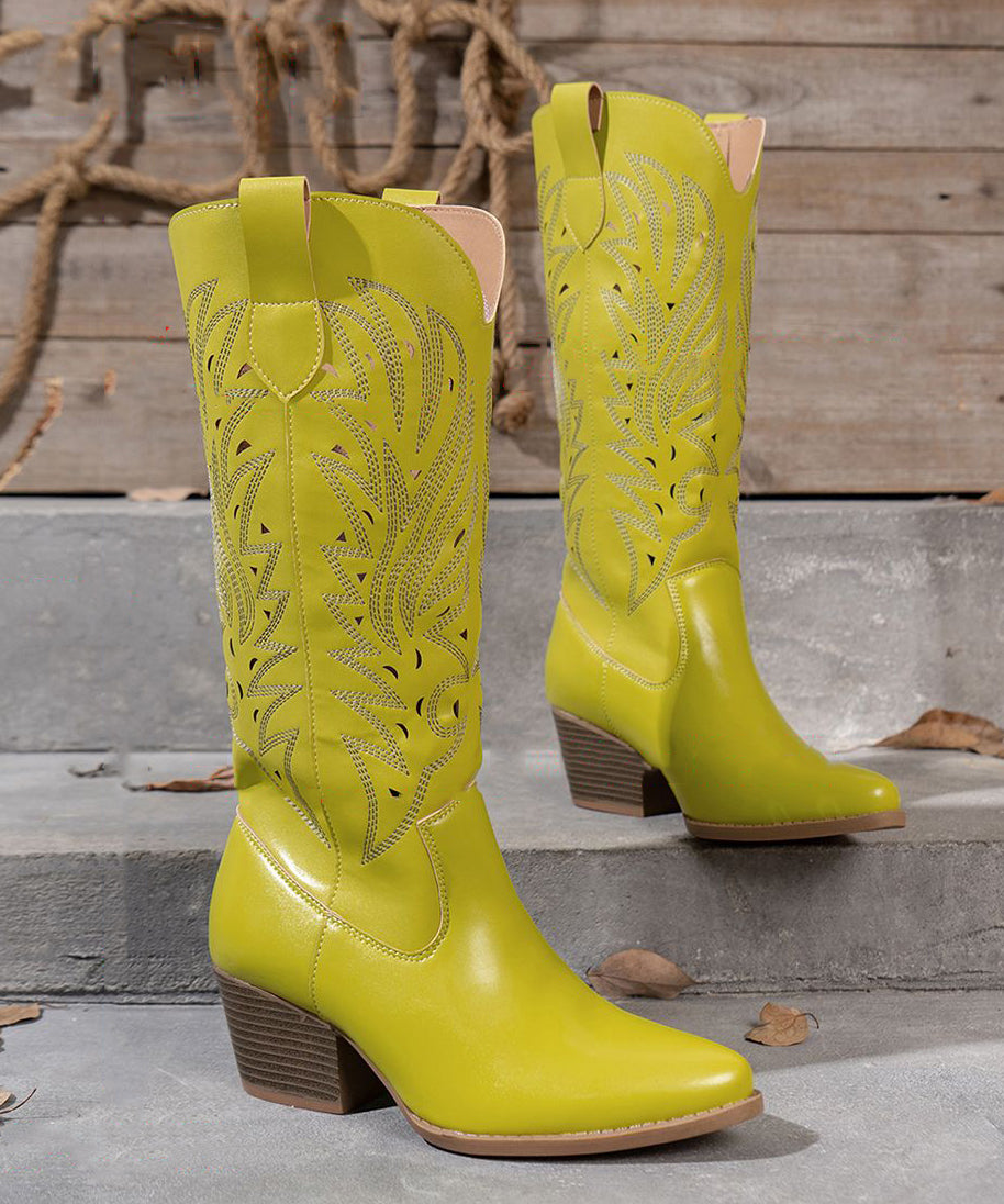 Stylish Yellow Hollow Out Solid Chunky Boots Faux Leather