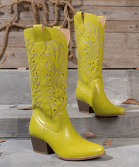 Stylish Yellow Hollow Out Solid Chunky Boots Faux Leather