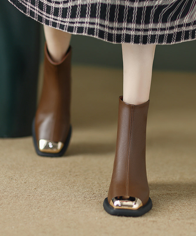 Zippered Splicing Elegant Chunky Boots Brown Cowhide Leather