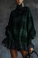 Plaid Print High-Neck Long-Sleeve Loose Ruffle Mini Dress
