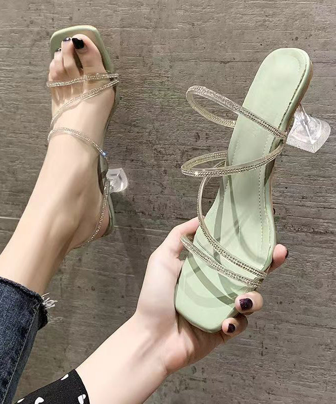 Green Splicing High Heel Slippers Zircon Peep Toe