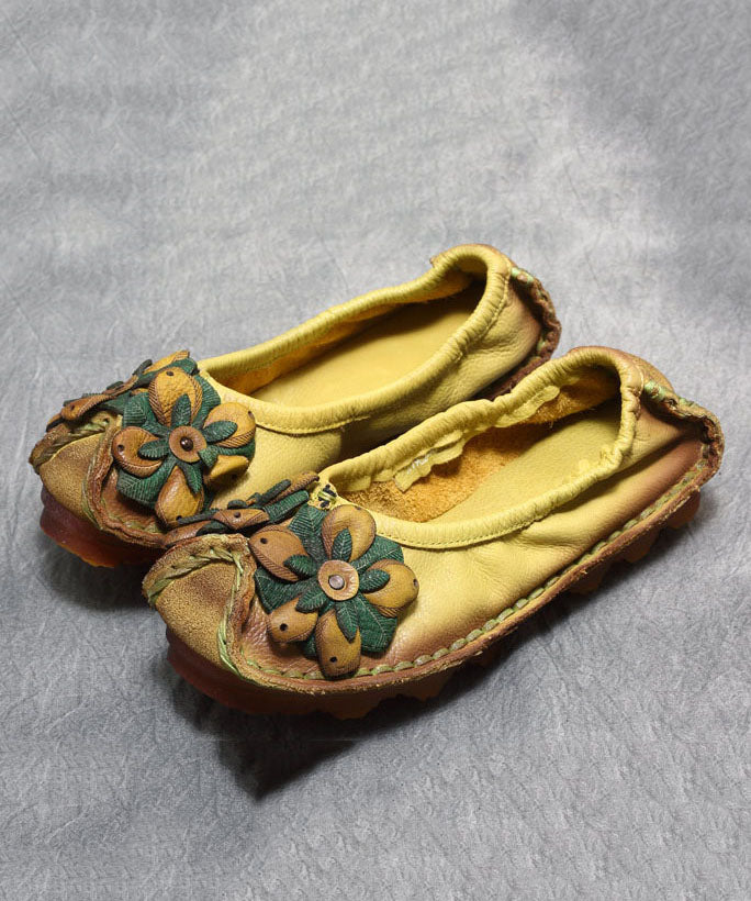 Floral Splicing Flat Shoes Yellow Cowhide Leather