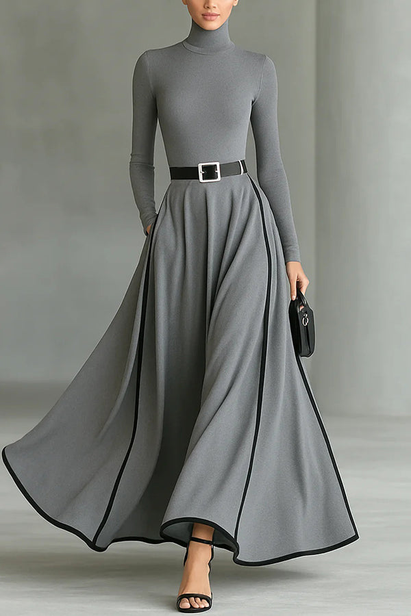Color-blocked Trim High-neck Long-sleeved Casual Pockets Maxi Dress
