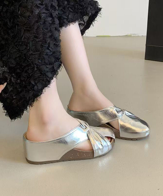 Champagne Faux Leather Wedge Heels Slide Sandals