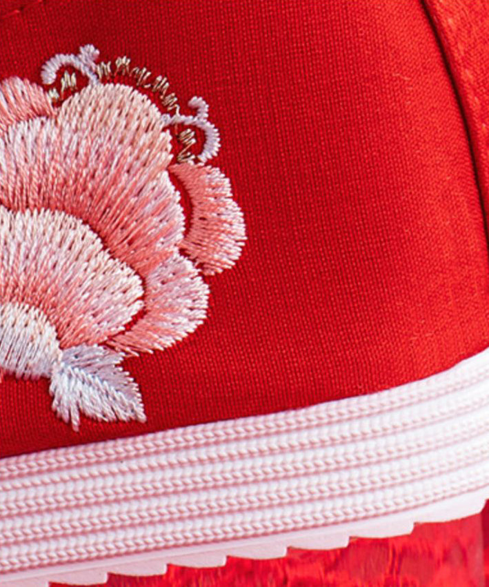 Wedding Flat Shoes For Red Embroideried Cotton Fabric