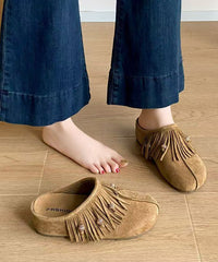 Boho Tassel Splicing Wedge Khaki Suede Slide Sandals