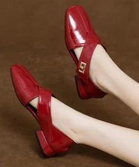 Wine Red Cowhide Leather Splicing Sandals Hollow Out