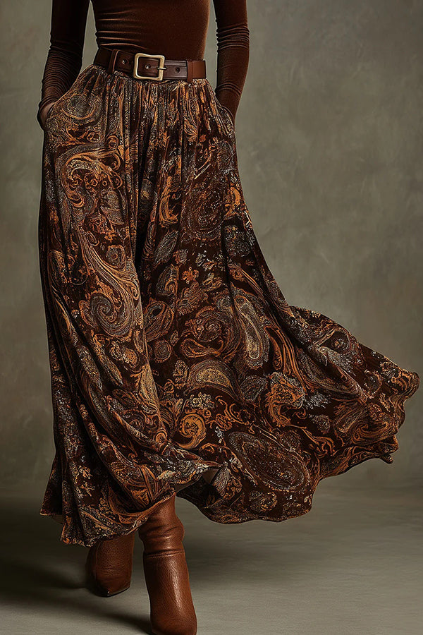 Velvet Long-sleeved Fitted Top and Unique Printed Casual Pocket Maxi Skirt Set