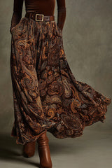 Velvet Long-sleeved Fitted Top and Unique Printed Casual Pocket Maxi Skirt Set
