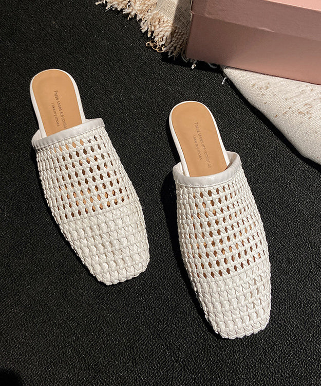 White Faux Leather Boutique Hollow Out Weave Slide Sandals