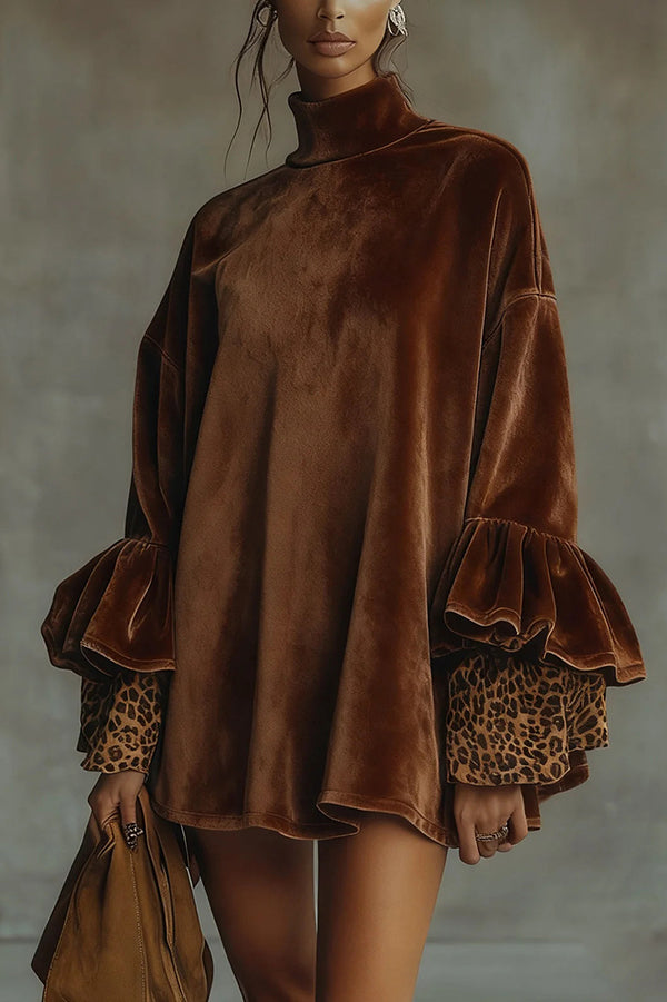Velvet Leopard Print Loose-fitting Turtleneck Long-sleeved Mini Dress