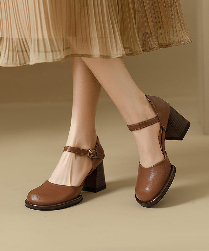 Beige Cowhide Leather Classy Splicing Chunky Heel Sandals