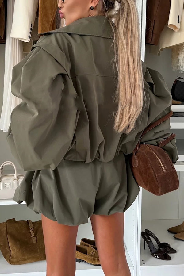 Style Button Long Balloon Sleeve Pocket Lapel Casual Bomber Jacket