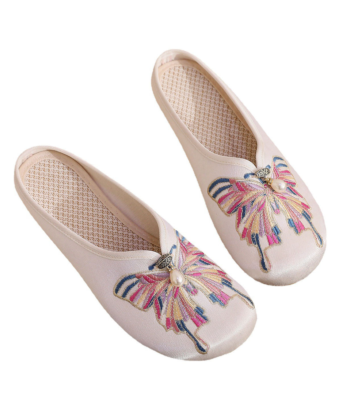 White Flat Slide Sandals Cotton Fabric Soft Splicing Embroideried
