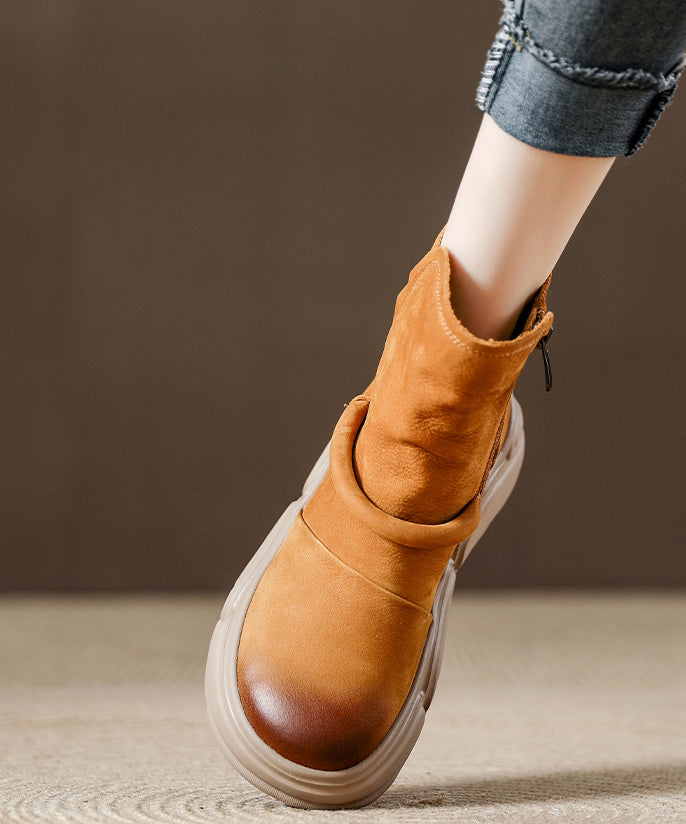 Handmade Khaki Cowhide Leather Splicing Platform Boots