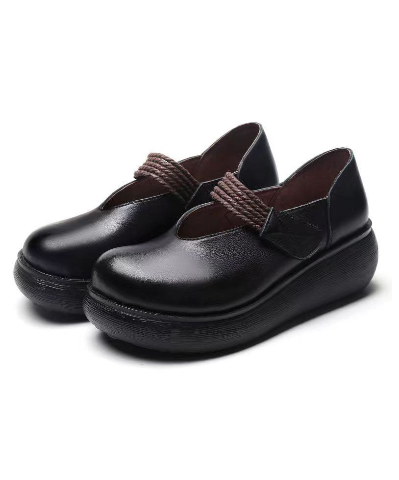 Buckle Strap High Wedge Heels Shoes Black Cowhide Leather