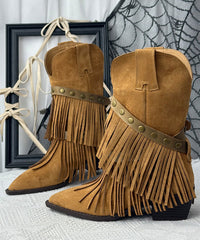 Bohemian Khaki Suede Tassel Splicing Boots Pointed Toe