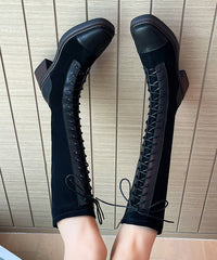 Comfortable Chunky Boots Brown Suede Cross Strap