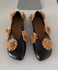 New Floral Splicing Flat Shoes Women Black Sheepskin