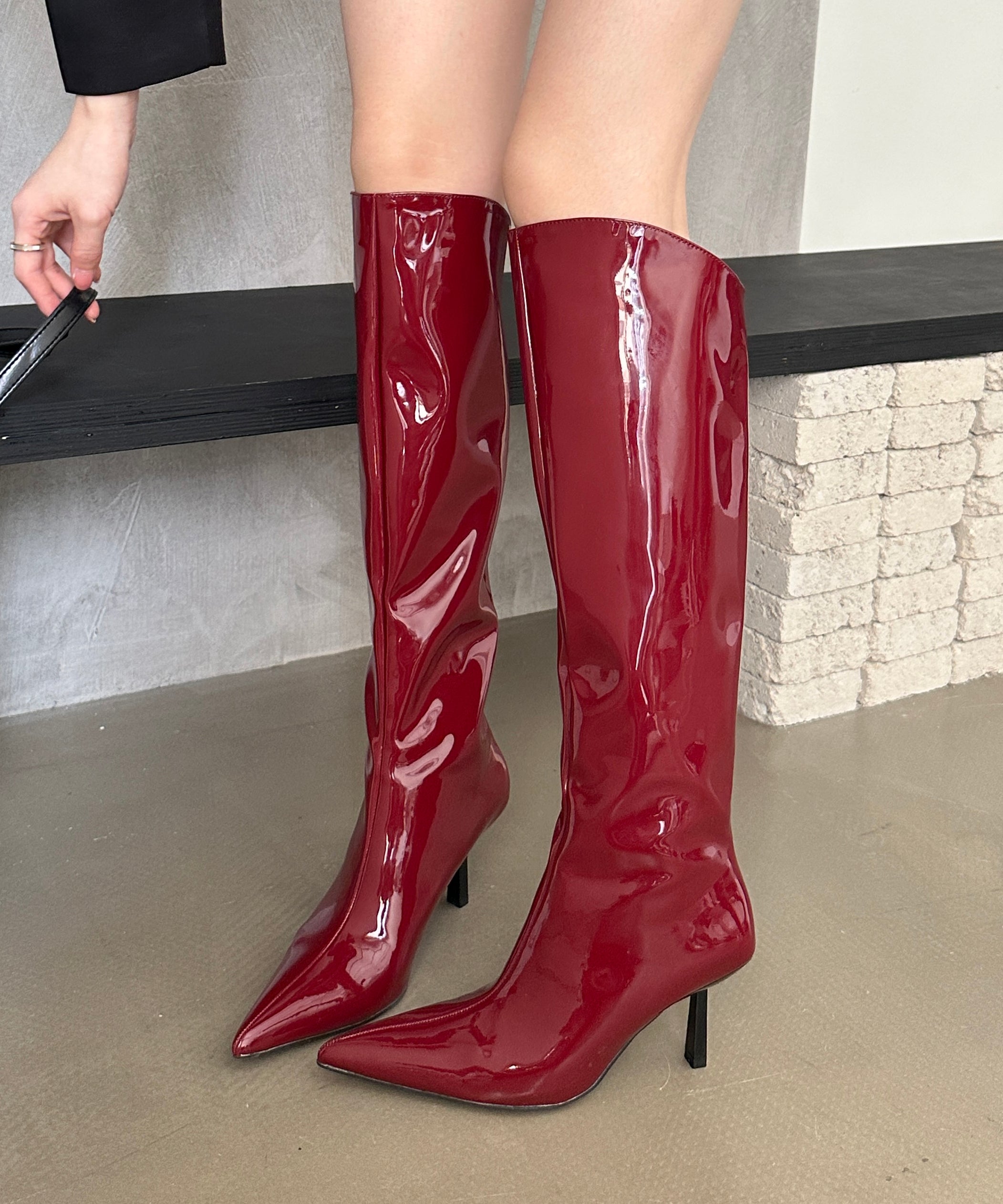Red Faux Leather Stiletto Knee Boots Pointed Toe