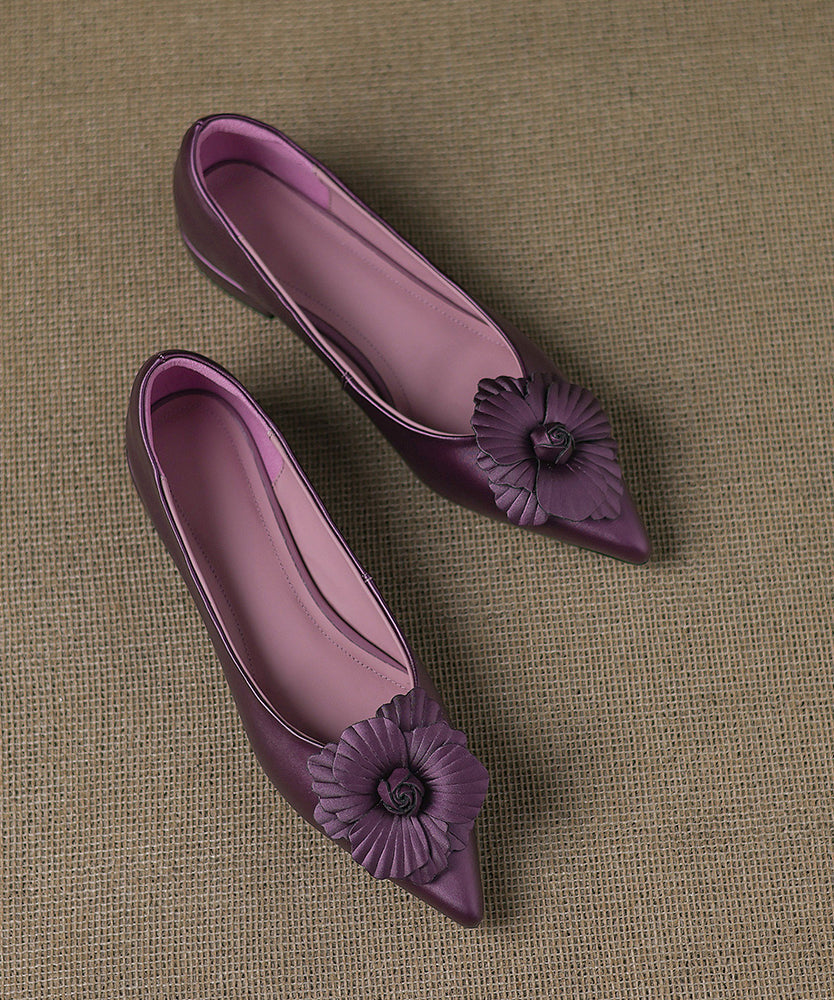 Classy Sheepskin Floral Splicing Purple Flat Shoes Pointed Toe