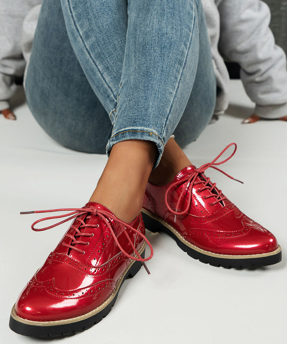 Red Hollow Out Lace Up Faux Leather Flats Shoes