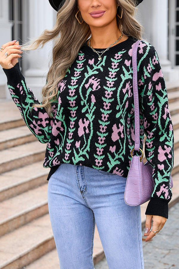 Floral Knitted Crew Neck Casual Sweater