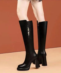 Chunky Heel Long Boots Black Cowhide Leather