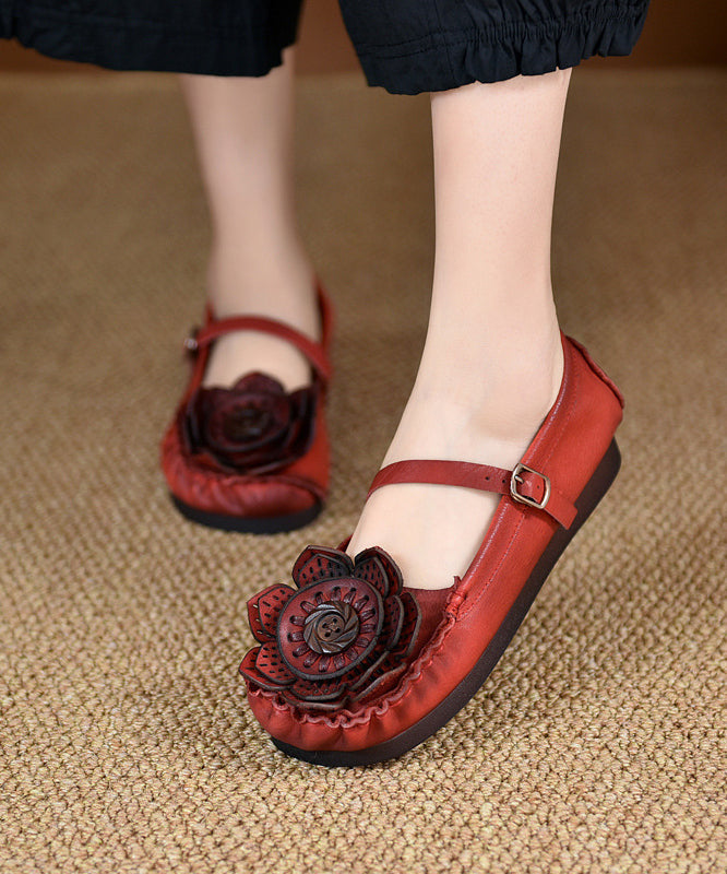 Cowhide Leather Flat Shoes For Red Splicing Floral Buckle Strap