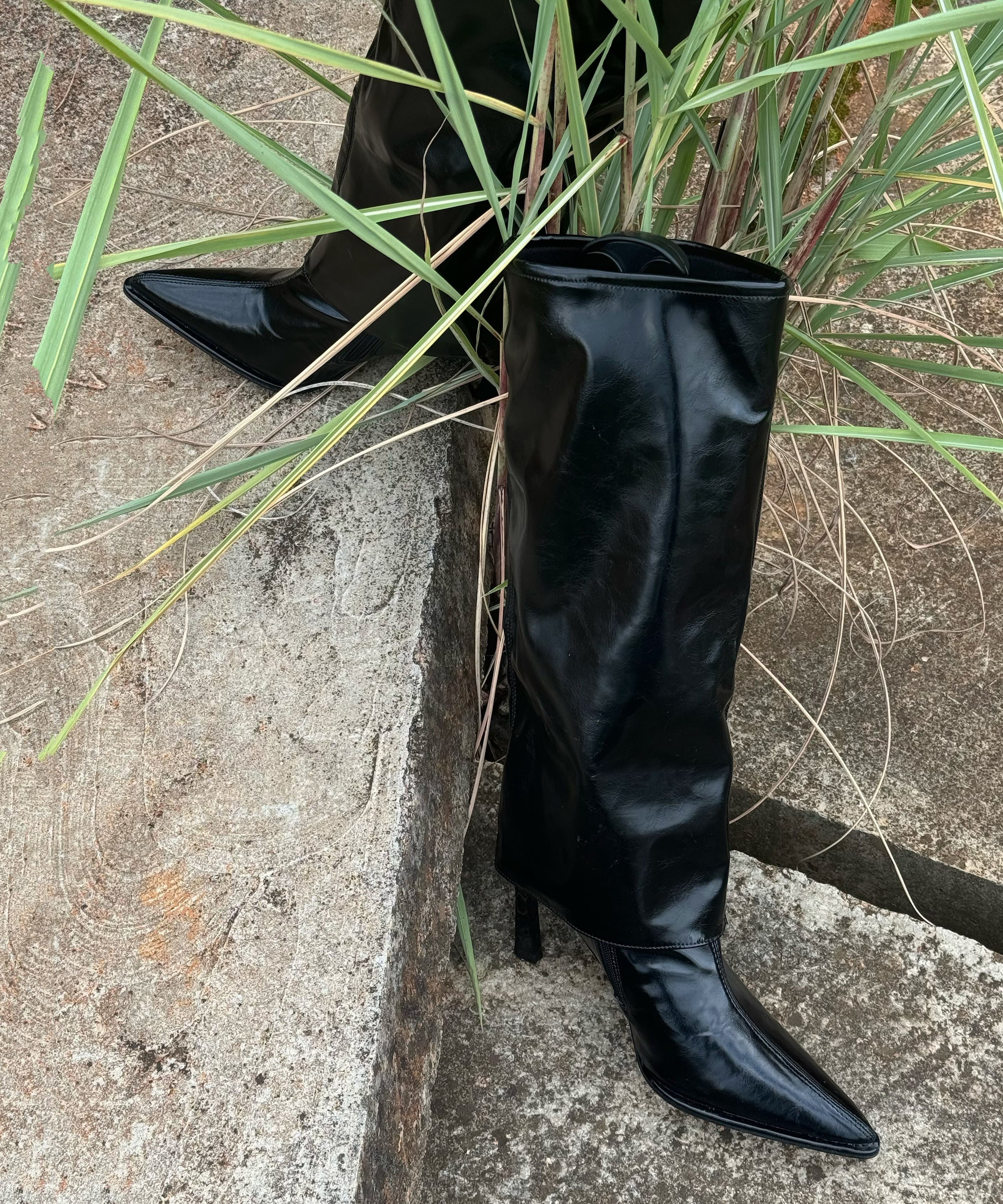 Black Faux Leather Stiletto Heels Boots Splicing