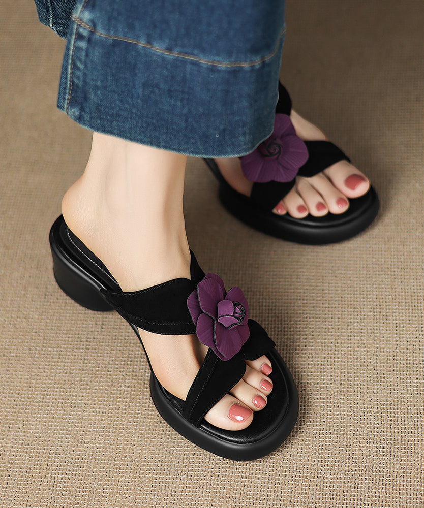 Black Suede Floral Splicing Slide Sandals Peep Toe