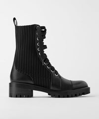 New Black Faux Leather Splicing Lace Up Boots