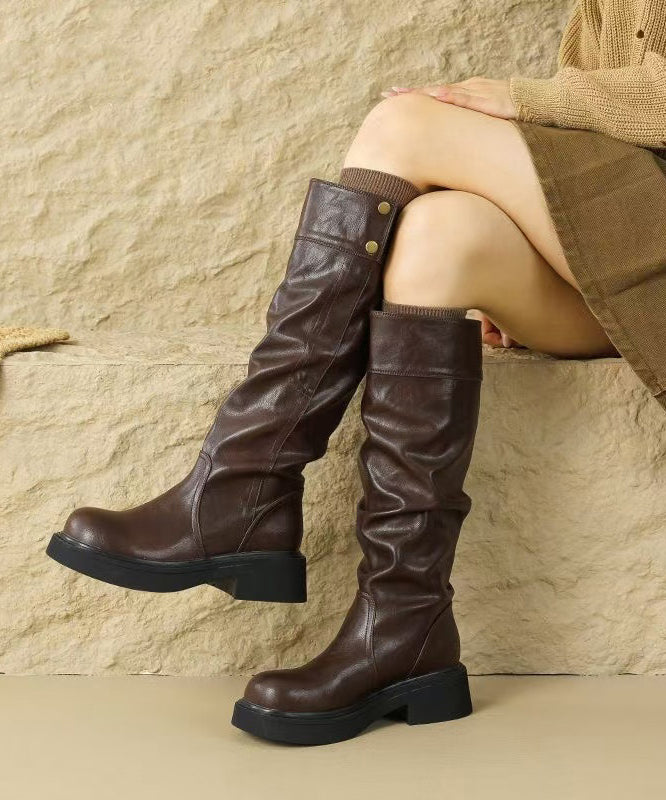 Brown Faux Leather Wrinkled Splicing Boots