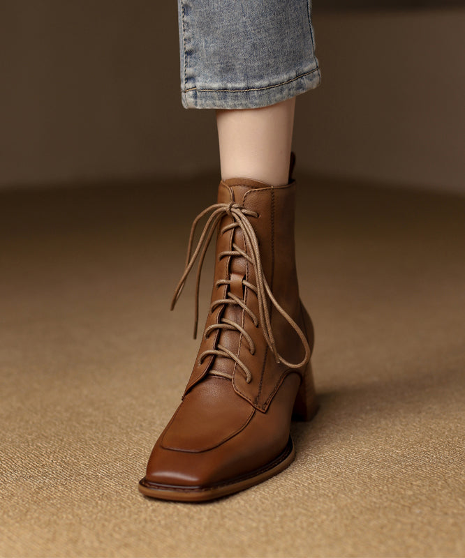 Chocolate Chunky Cowhide Leather Cross Strap Splicing Boots