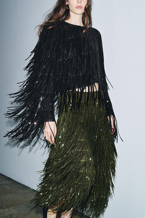 Sequined Tassel Elegant Midi Skirt