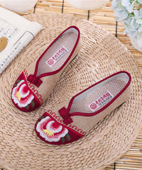 Apricot Genuine Leather Embroider Flower Splicing Flat Feet Shoes