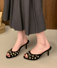 Black Suede Unique Rivet Splicing High Heel Slide Sandals
