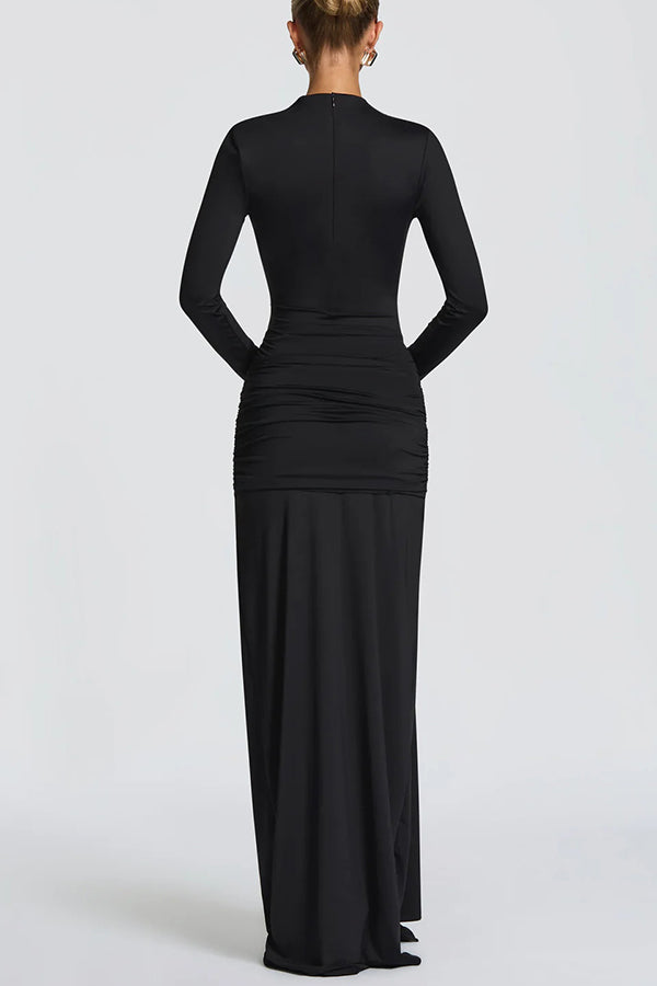 Cutout Fitted Long-sleeved Pleated Satin Ribbon Maxi Dresses