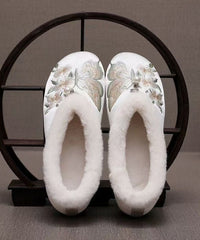 Red Fuzzy Wool Lined Embroidery Flats Shoes