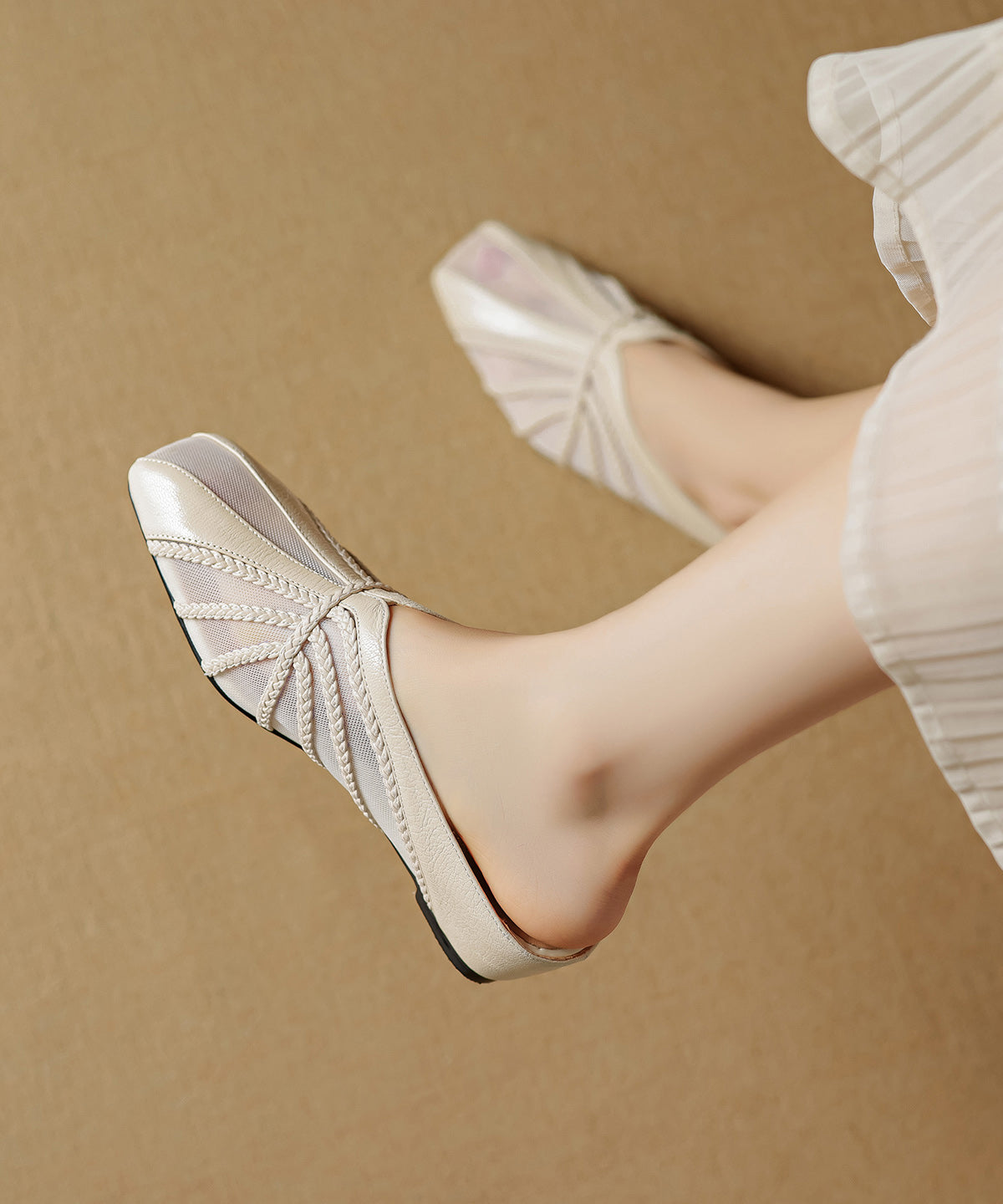 Chic Tulle Splicing Wedge Slide Sandals Gold Cowhide Leather