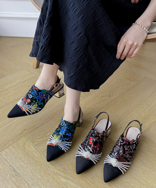 Blue Embroidered Buckle Strap Splicing Sheepskin Chunky Sandals
