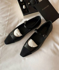 French Silver Square Toe Buckle Strap Splicing Flat Shoes