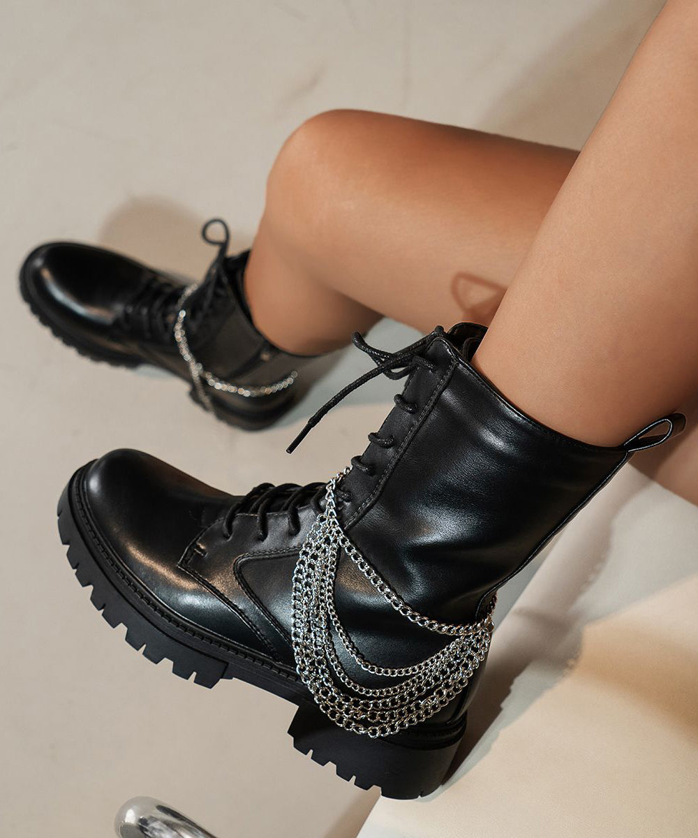 Black Chain Linked Faux Leather Boots Lace Up Platform Boots