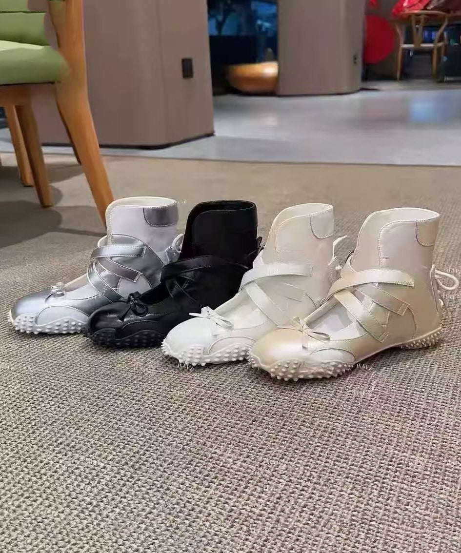 Bow Lace Up Splicing Flats Shoes Nude Faux Leather