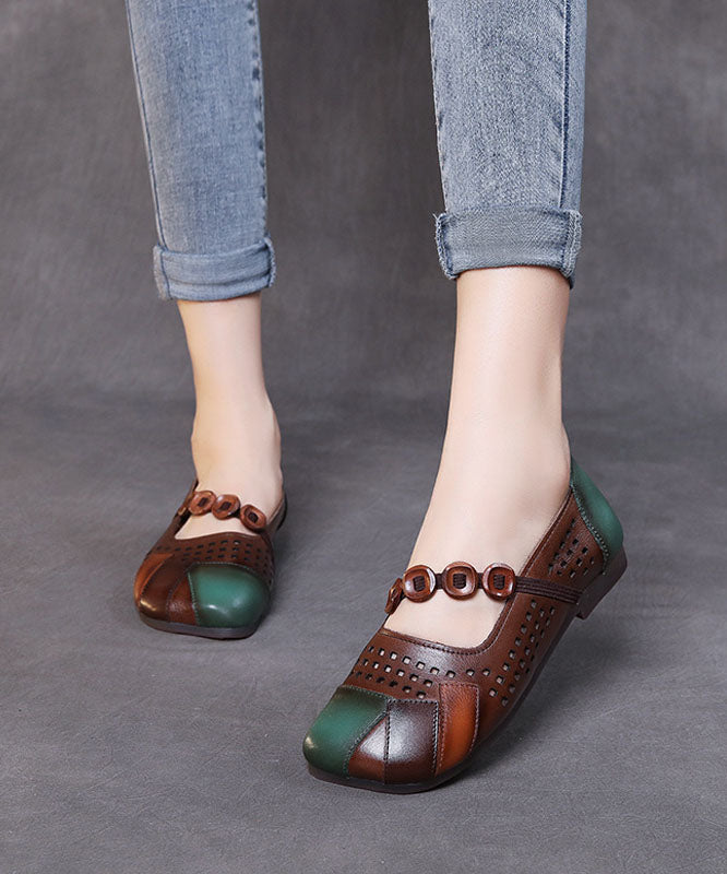 Splicing Flat Shoes Brown Hollow Out Cowhide Leather