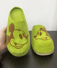 Green Suede Cartoon Print Platform Slide Sandals