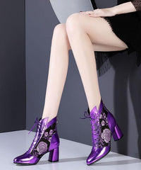 Purple Breathable Mesh Splicing Cowhide Leather Chunky Boots