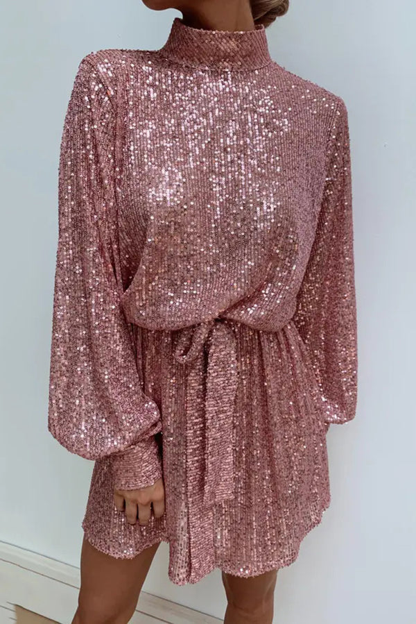 Sequined Long-sleeved Belted Casual Mini Dress